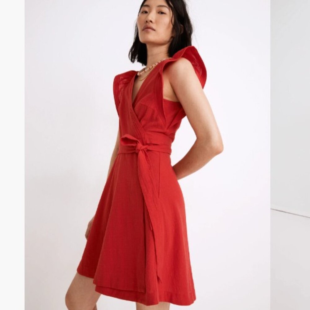 MADEWELL SZ XSP RED Ruffle-Sleeve Wrap Mini Dress 100% Cotton